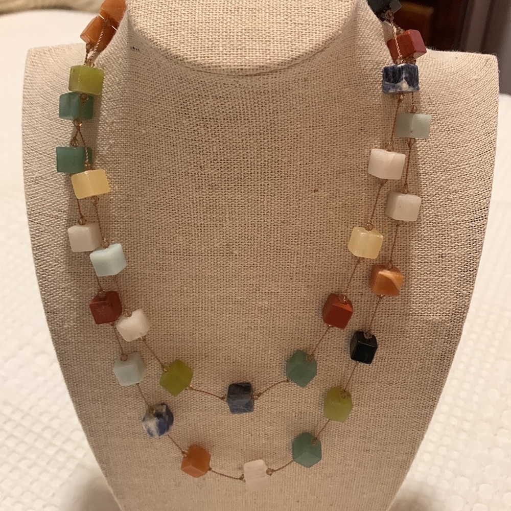 Margo Morrison Multi Gemstone long Single or double necklace. Cube shapes!